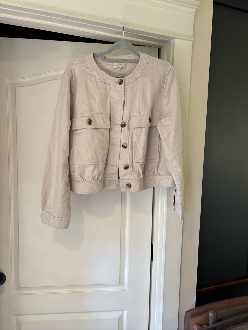 LOFT Beige Round-Neck Button Front Lightweight Jacket
